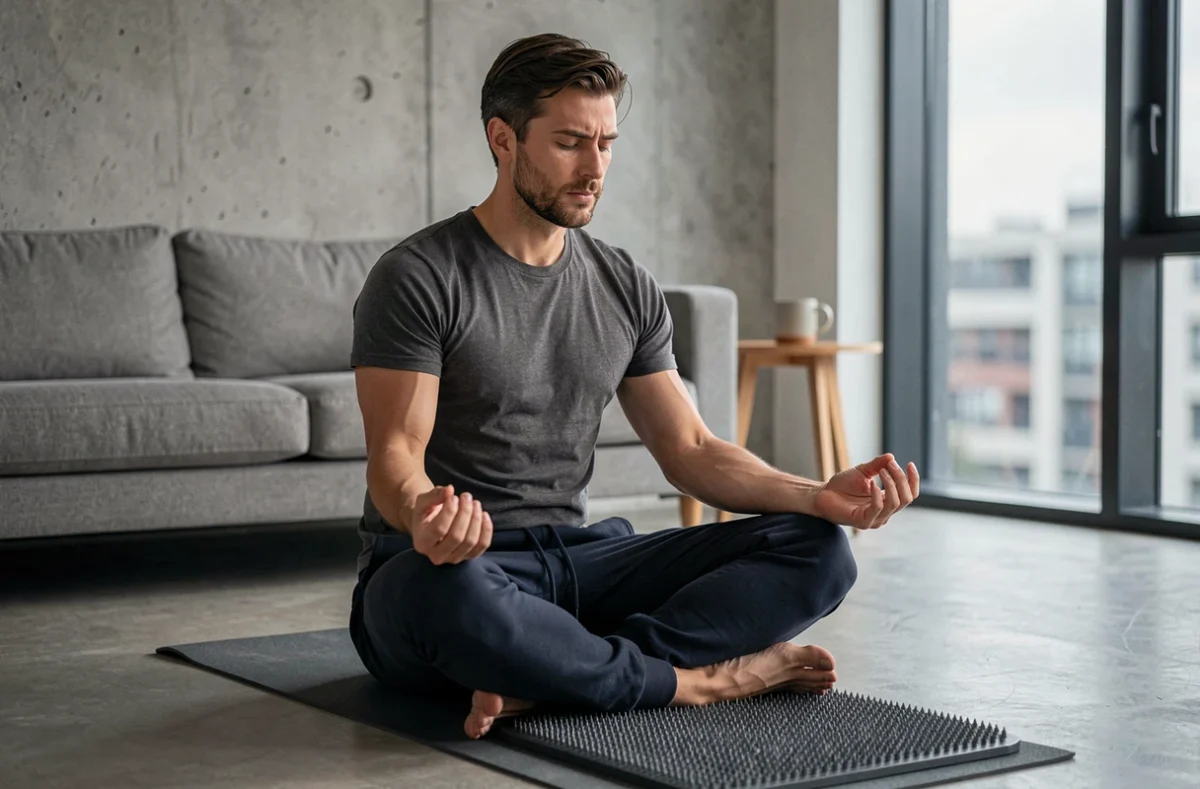 Homme en méditation assis sur un tapis d'acupression fleurs de lotus dans un salon moderne