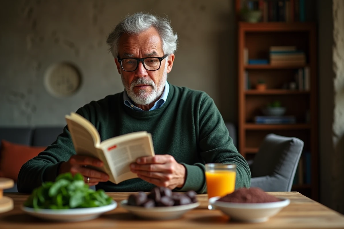 Homme d'âge moyen consultant des informations nutritionnelles pour améliorer son taux de TCMH grâce à l'alimentation