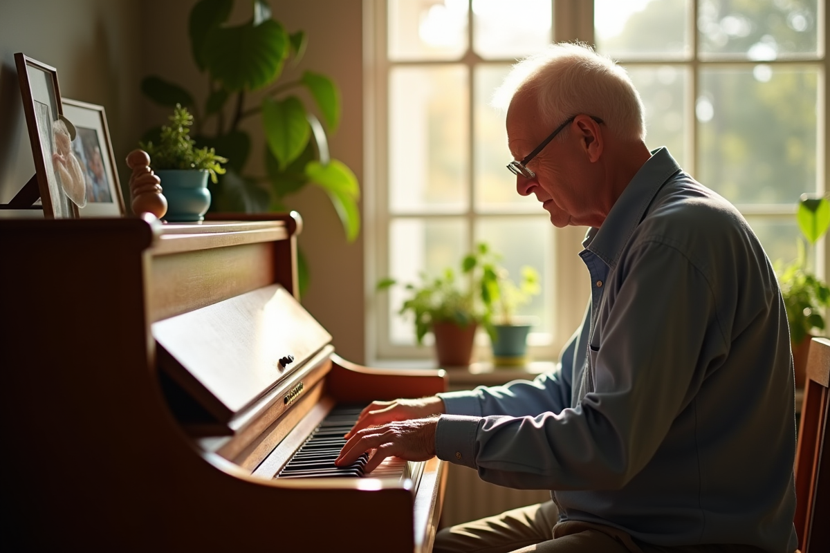 Homme âgé jouant du piano dans un salon ensoleille