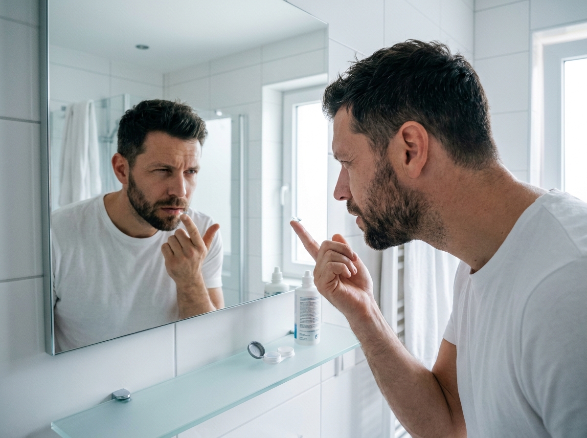 Homme posant une lentille de contact sur son doigt devant un miroir de salle de bain, illustrant le choix entre lentilles et lunettes pour les yeux sensibles