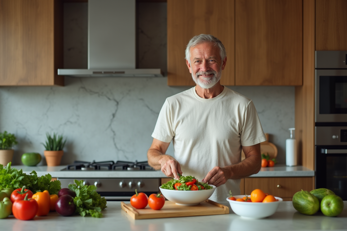 Homme détendu préparant une salade dans la cuisine moderne
