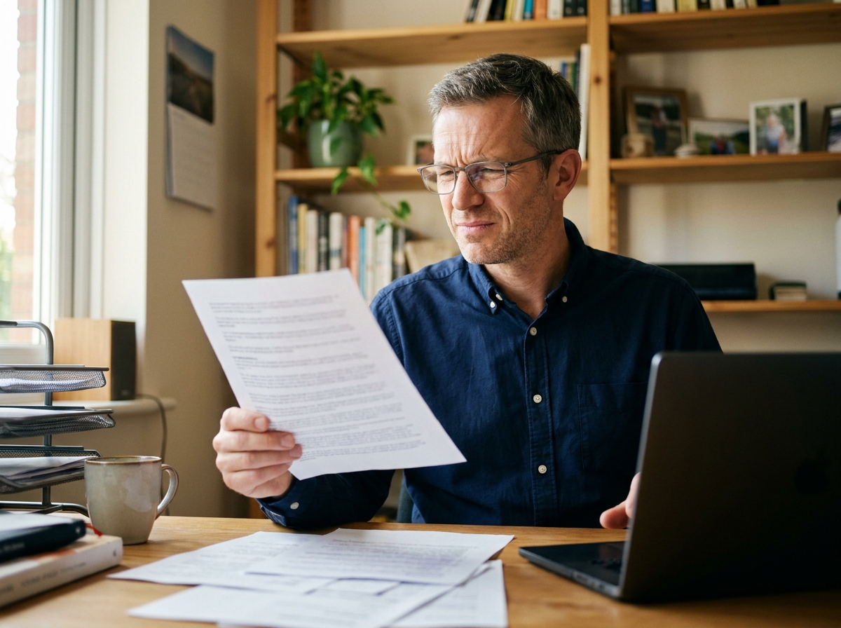 Homme de 45 ans portant des lunettes de lecture tenant un document à bout de bras, difficulté visuelle liée à la presbytie après 40 ans