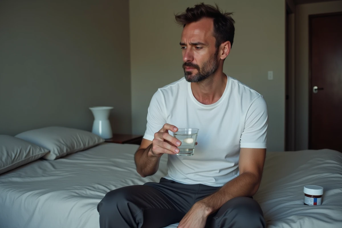 Homme hésitant avant de prendre un comprimé avec un verre d'eau dans une chambre
