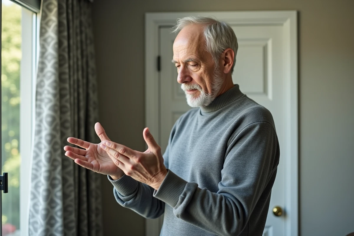 Homme âgé regardant sa main dans un intérieur calme