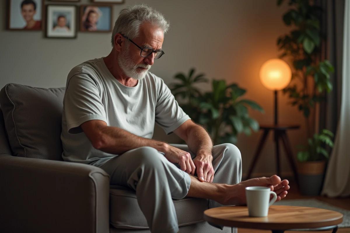 Homme assis pressant un point de r&eacute;flexologie dans un salon