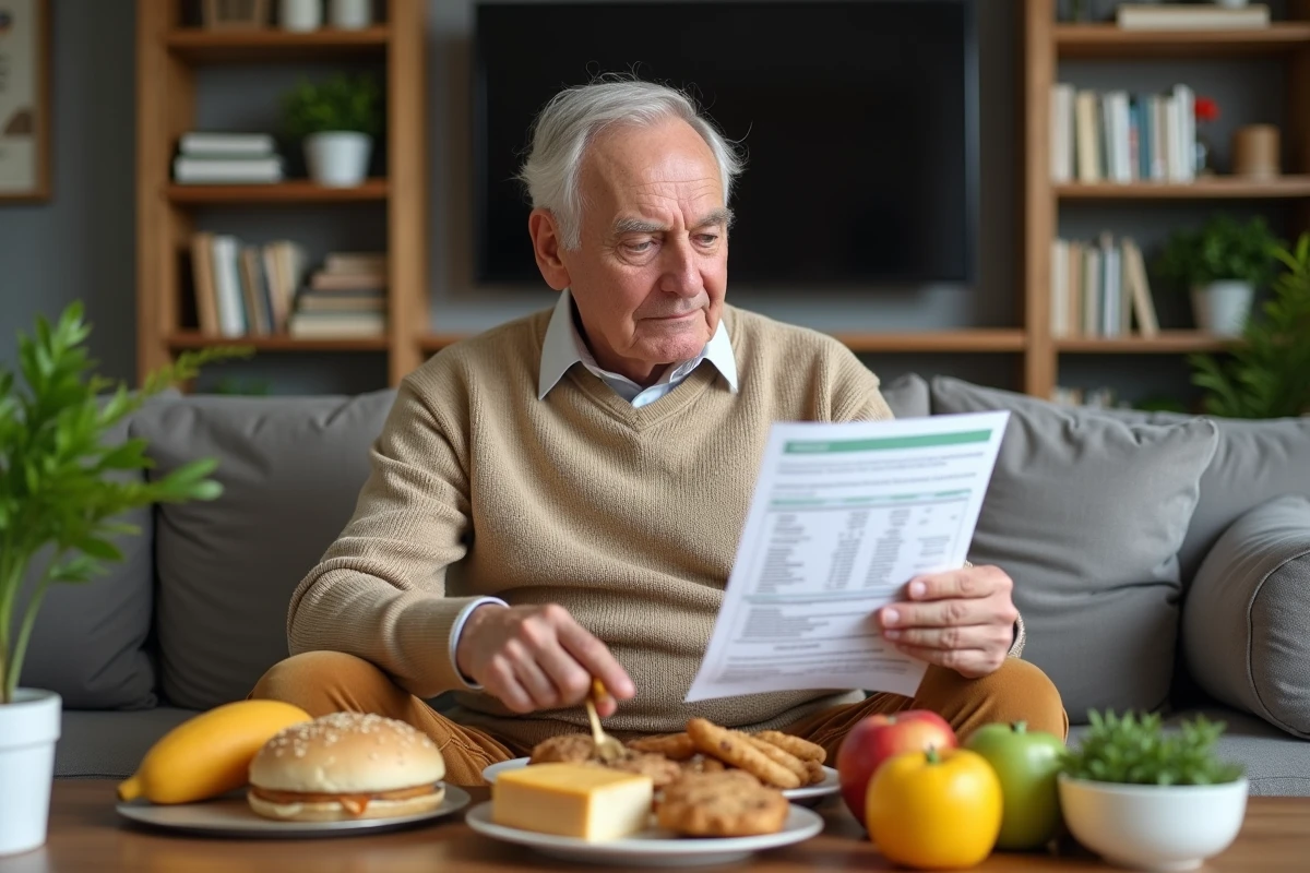 Homme &acirc;g&eacute; v&eacute;rifiant un guide alimentaire avant une coloscopie