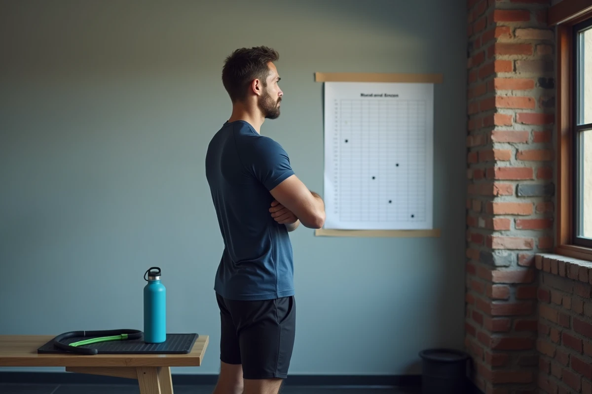 Homme évaluant ses résultats de fitness avec l'application Better Me dans un espace home gym minimaliste