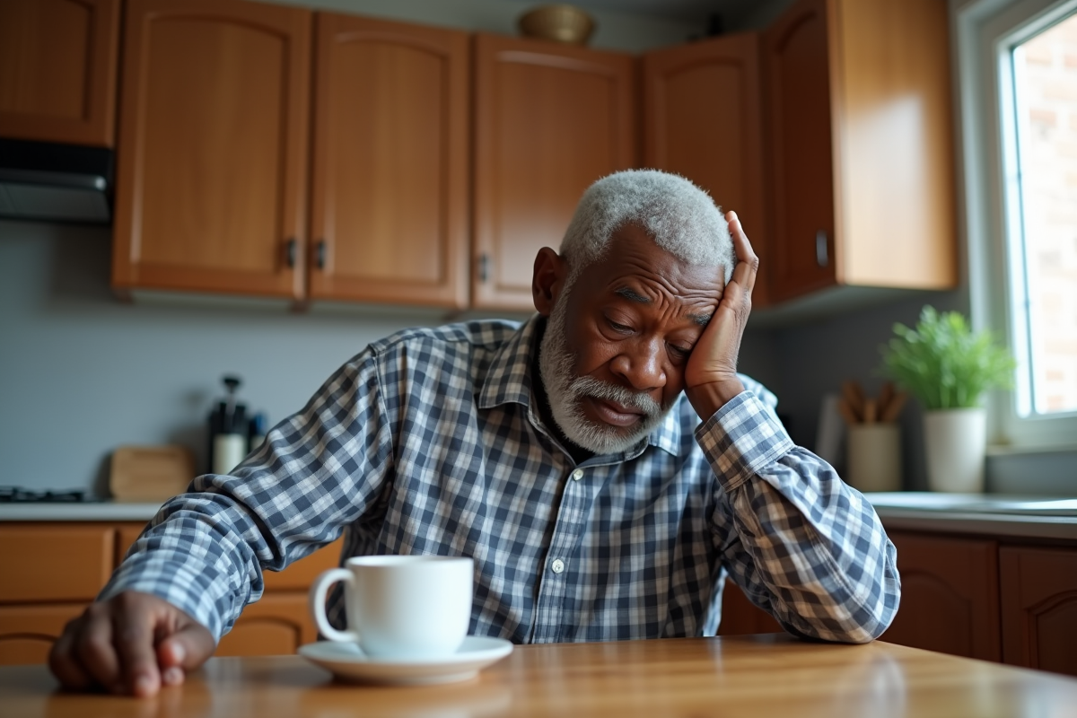 Homme âgé inquiet à la maison dans la cuisine