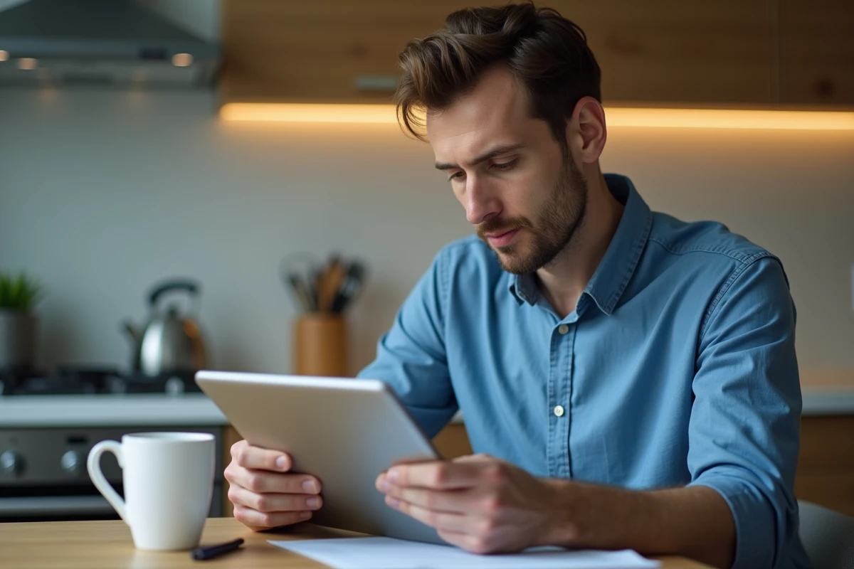 Homme consulte ses résultats de test sur une tablette à la maison