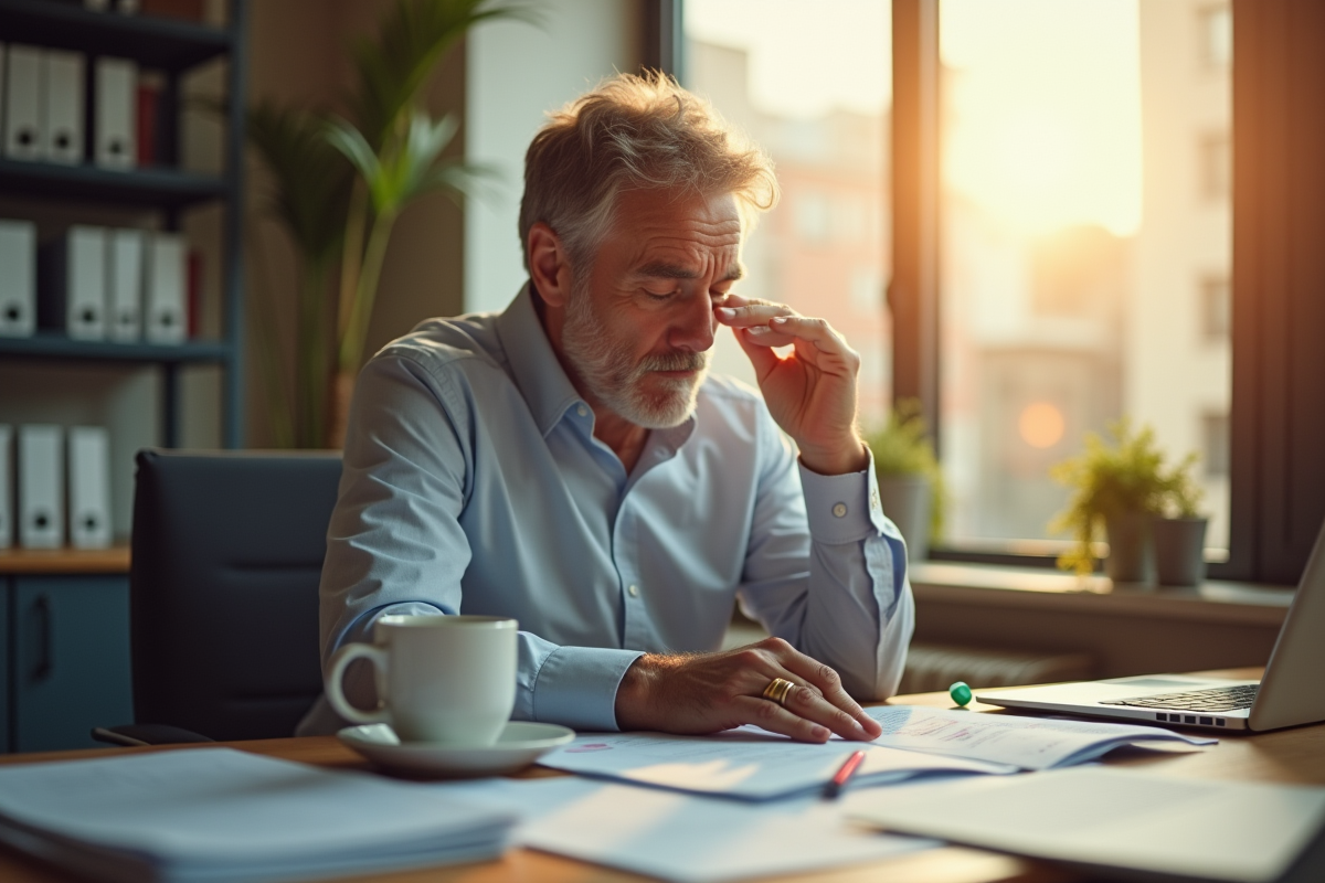 Homme d age fatigue au bureau en plein jour