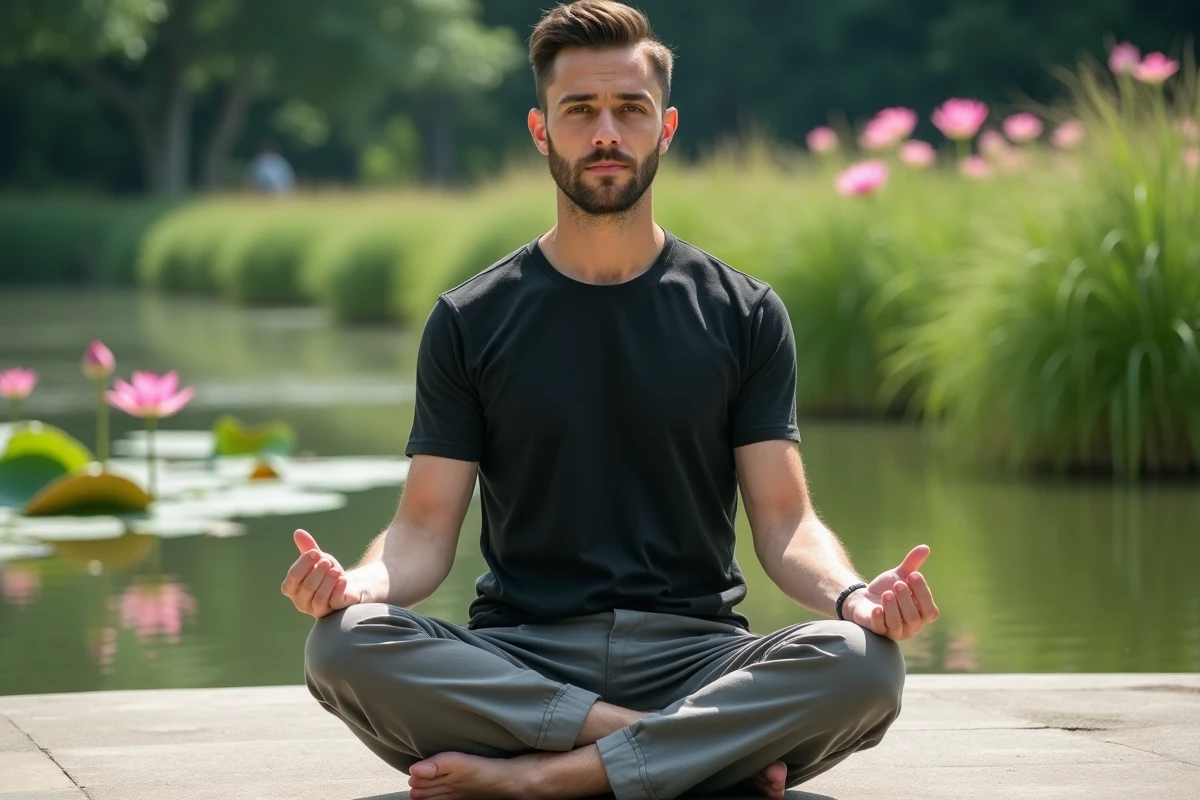 Homme méditant en lotus au bord d’un lac avec lotus