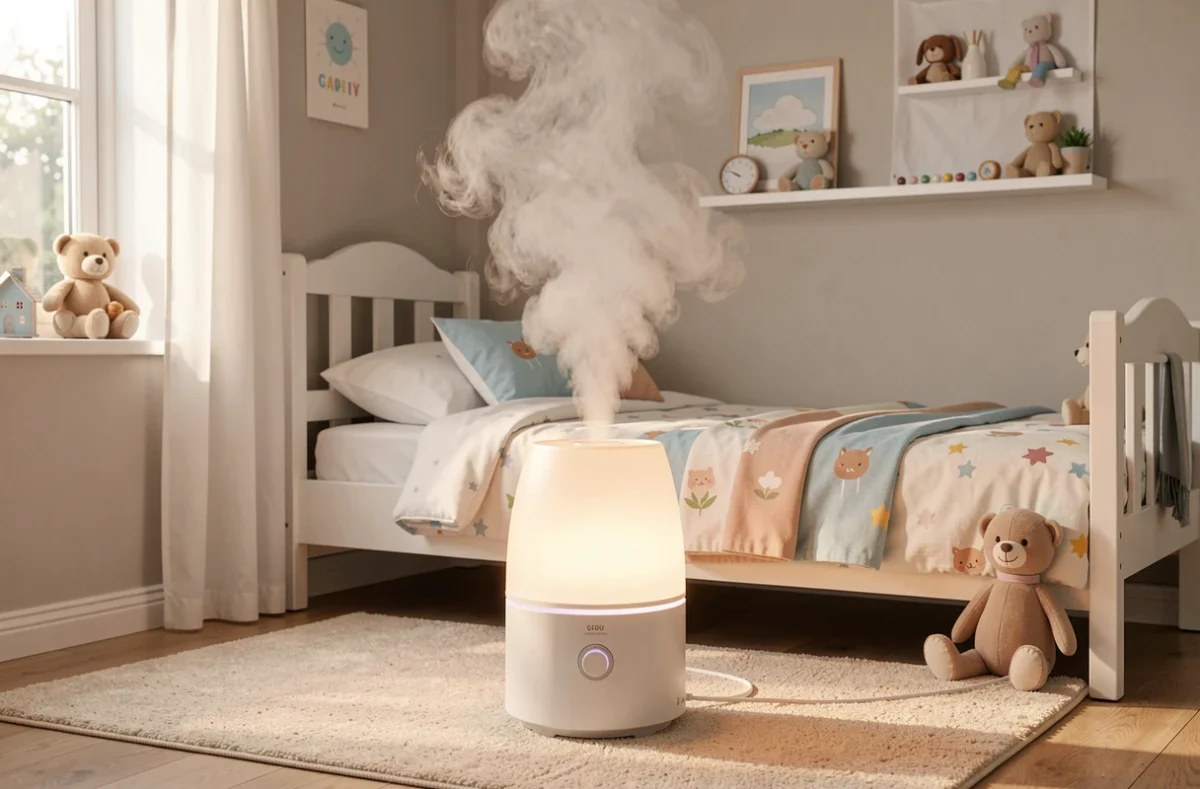 Humidificateur d'air diffusant de la vapeur dans une chambre d'enfant