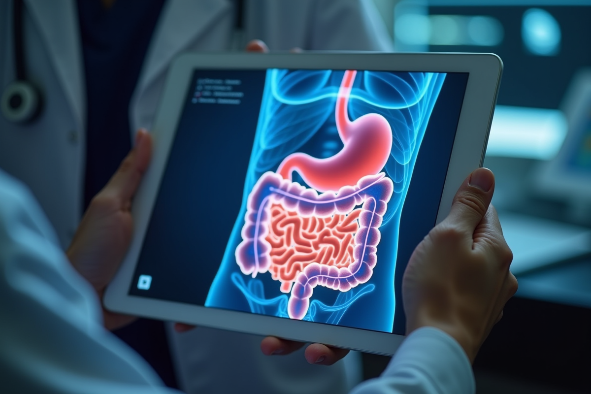 Illustration 3D du tractus digestif avec fistule bloquee sur une tablette