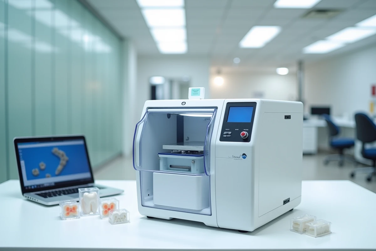 Imprimante 3D dentaire professionnelle sur un plan de travail de laboratoire avec logiciel de conception et résines dentaires