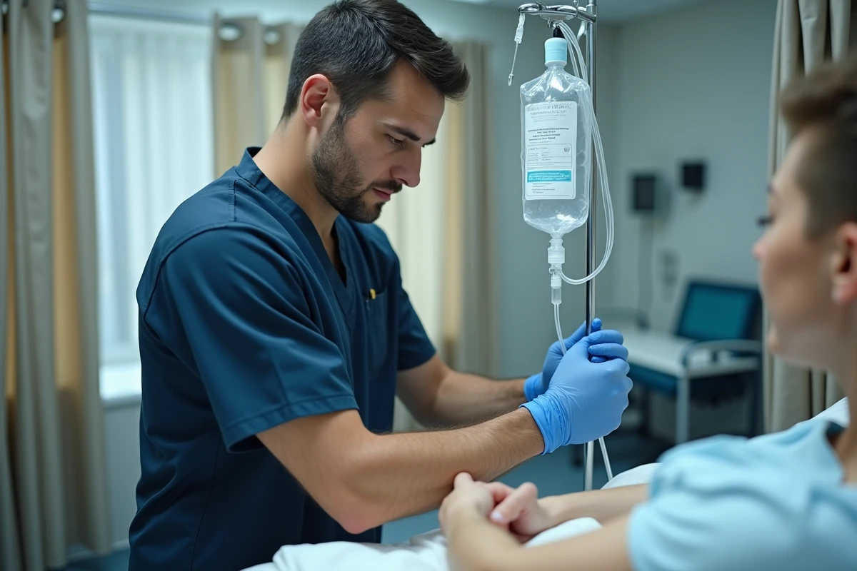 Infirmier surveillant une perfusion de fer intraveineuse, vérifiant la chambre goutte-à-goutte avec des gants médicaux dans une salle de soins