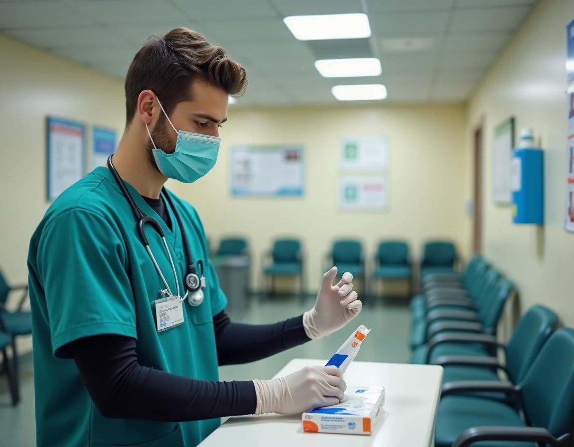 Infirmier en tenue de protection préparant un test PCR nasal dans un centre de soins urgents face à la recrudescence du variant Covid