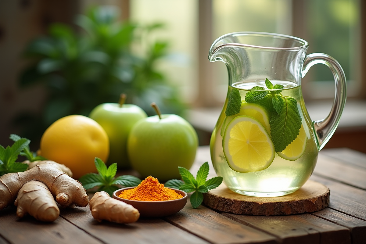 Ingrédients detox sur une table en bois avec infusion citron et concombre