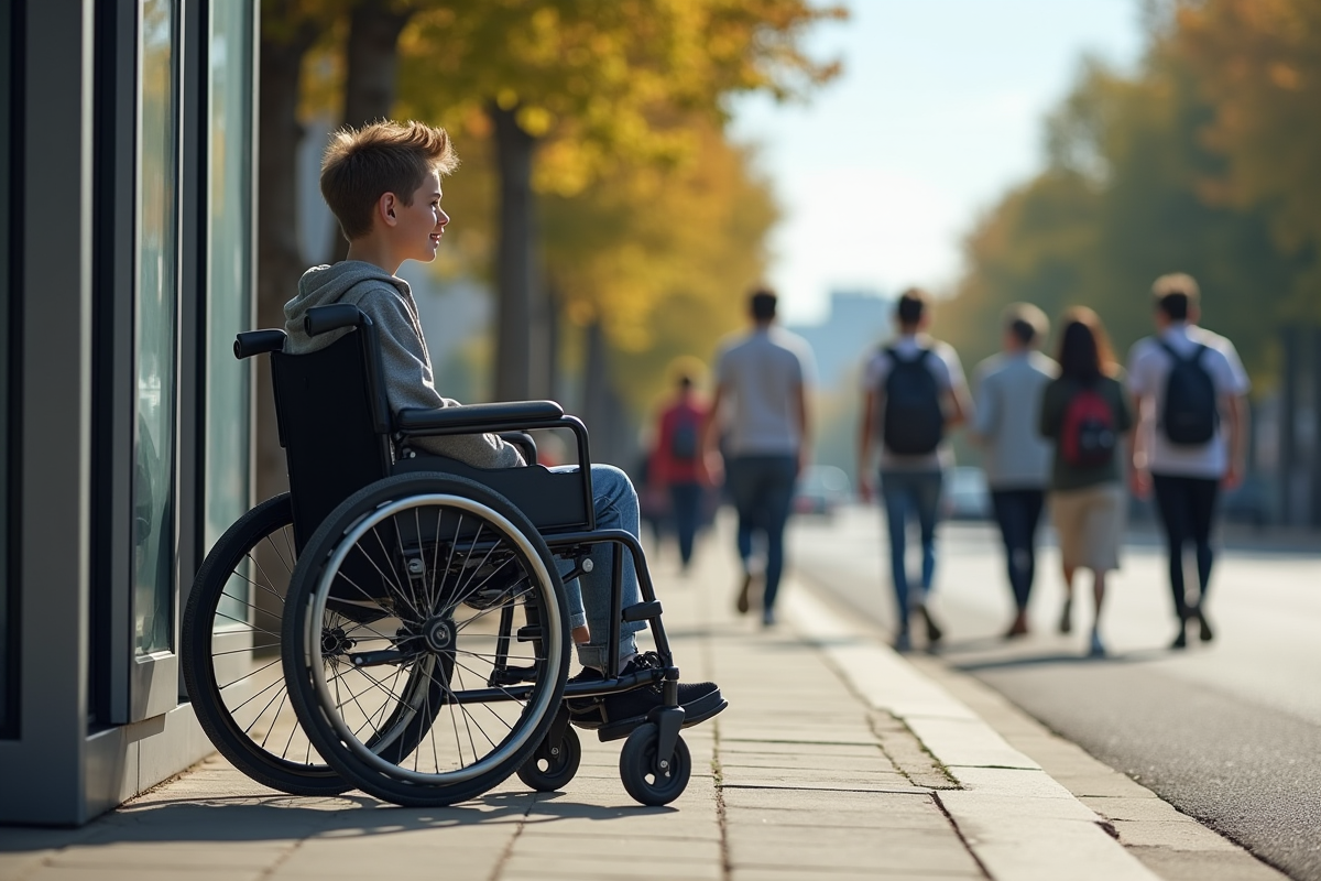 Jeune adulte en fauteuil moderne attendant à un arrêt accessible