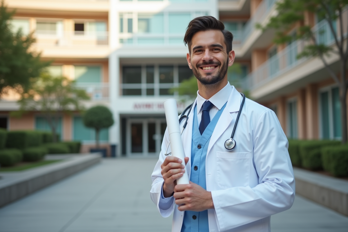Jeune médecin souriant devant un hôpital avec son diplôme