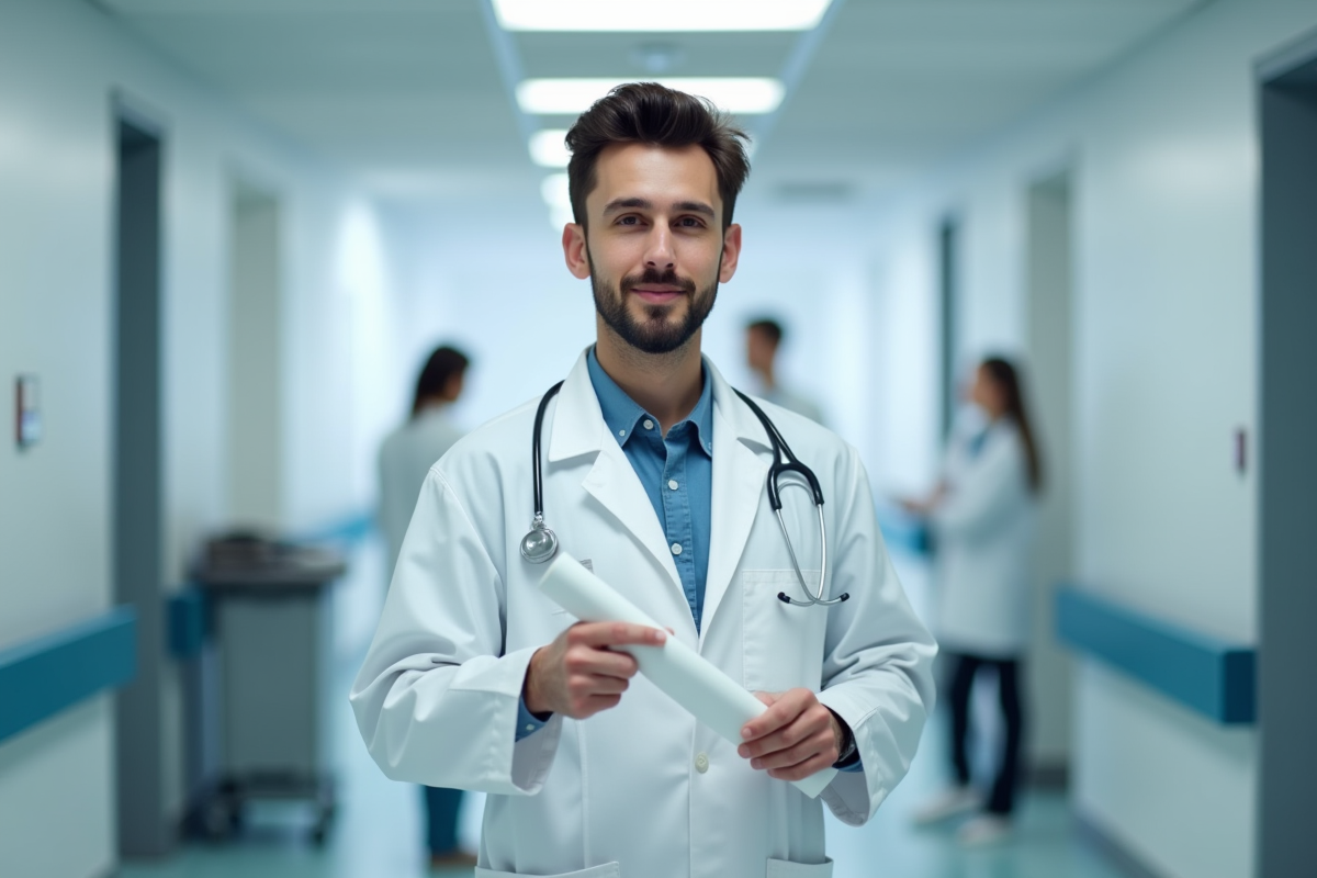 Jeune médecin debout dans un hôpital avec diplôme