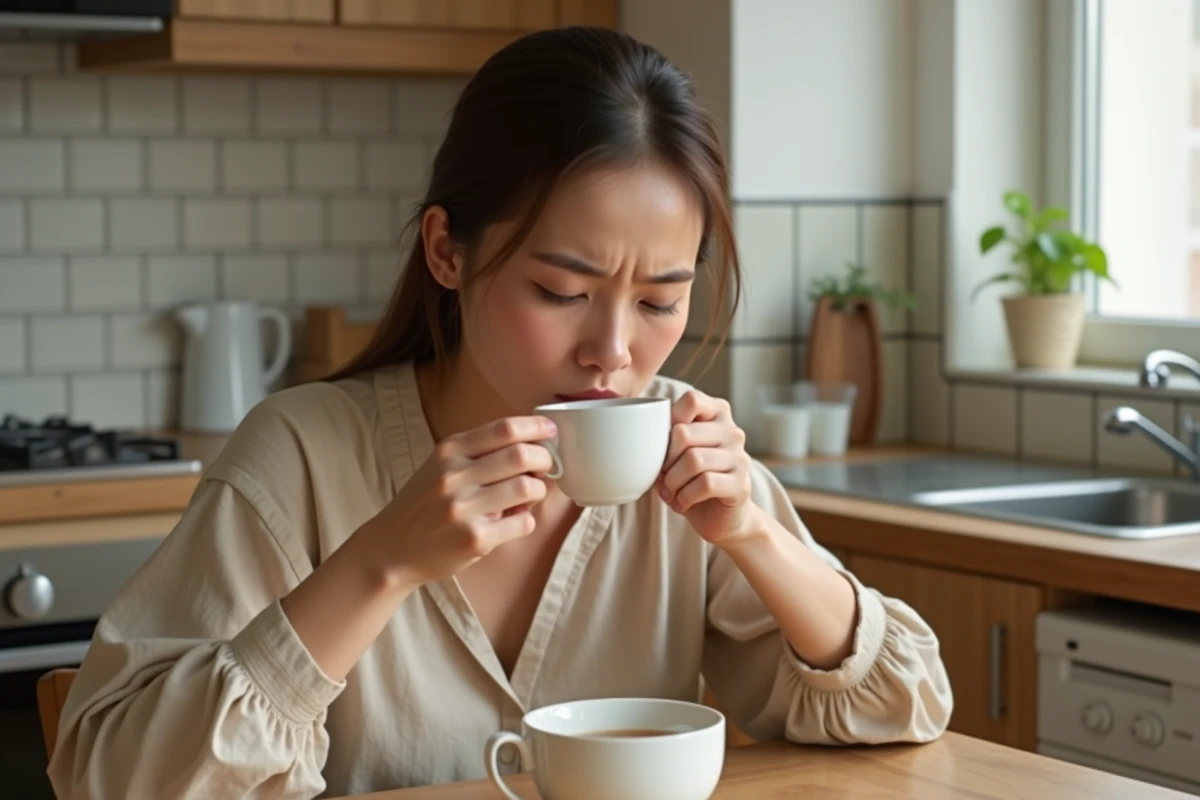 Jeune femme adulte ressentant une gêne à la mâchoire en tenant une tasse de thé dans sa cuisine
