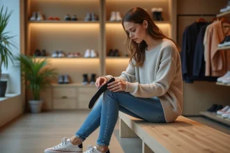 Jeune femme compare des semelles dans un magasin de chaussures