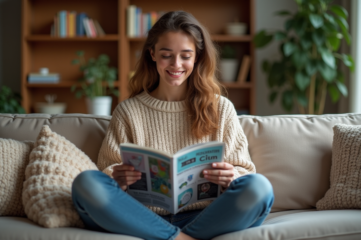 Jeune femme lisant un magazine sur les cellules souches à la maison