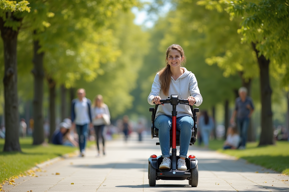 Jeune femme utilisant un scooter électrique dans un parc ensoleille
