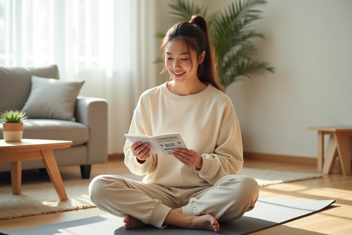 Jeune femme lisant la notice de probiotiques pour traiter son syndrome de l'intestin irritable