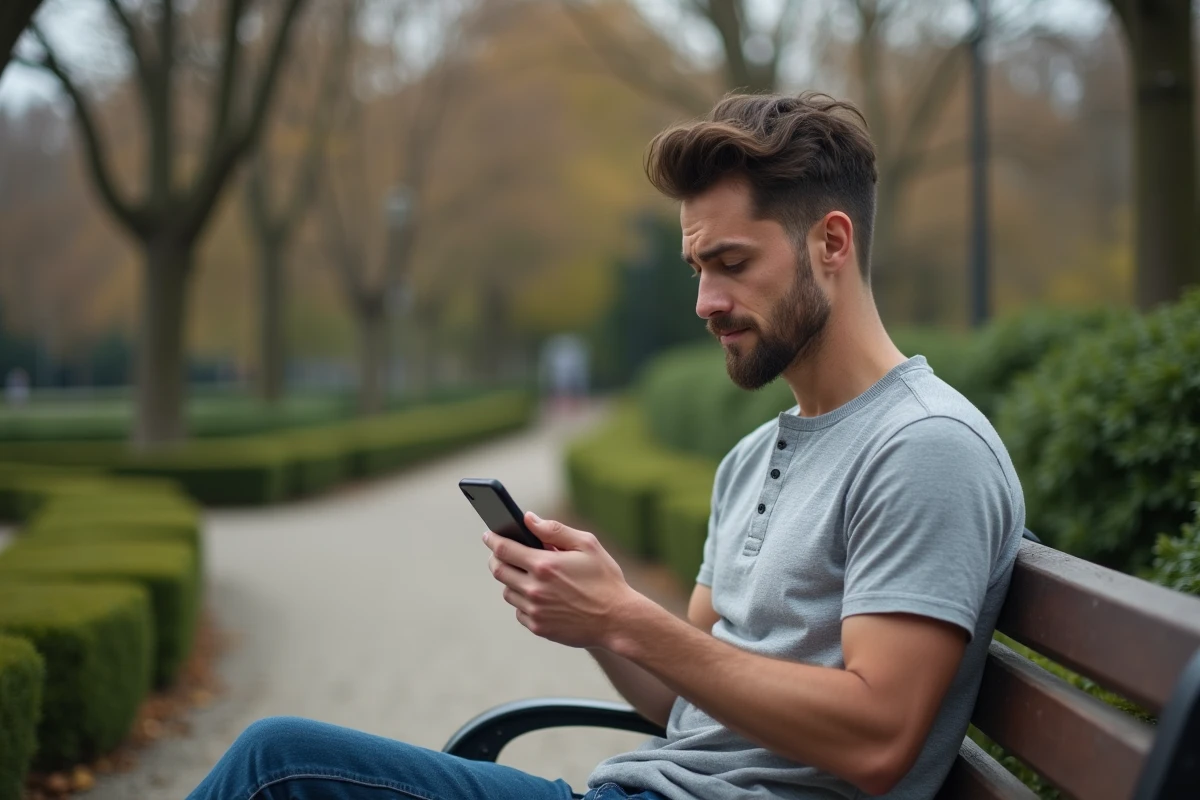 Jeune homme consultant une application mobile de santé sur un banc de parc pour reconnaître les symptômes du Zonivizectrum