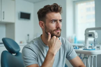 Jeune homme adulte touchant sa mâchoire avec une expression préoccupée dans un cabinet dentaire moderne