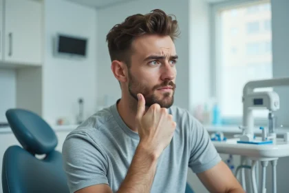 Jeune homme adulte touchant sa mâchoire avec une expression préoccupée dans un cabinet dentaire moderne