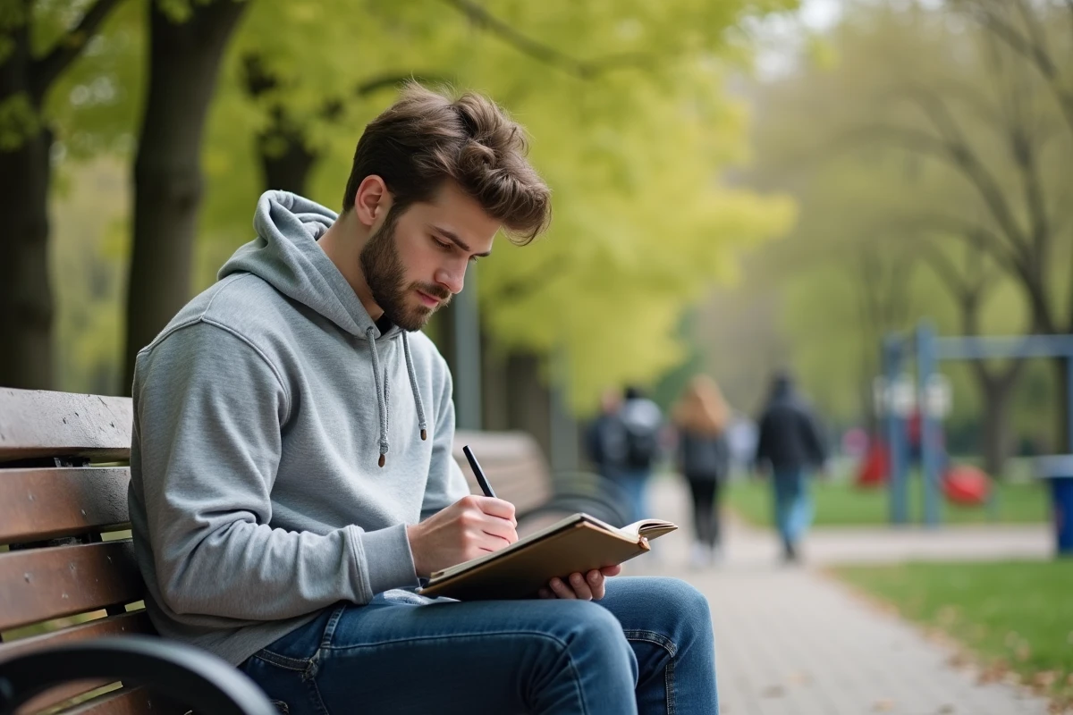 Jeune homme en parc prenant des notes sur un notepad