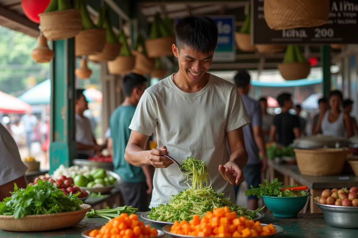 Jeune homme prépare une salade de papaye dans un marché animé