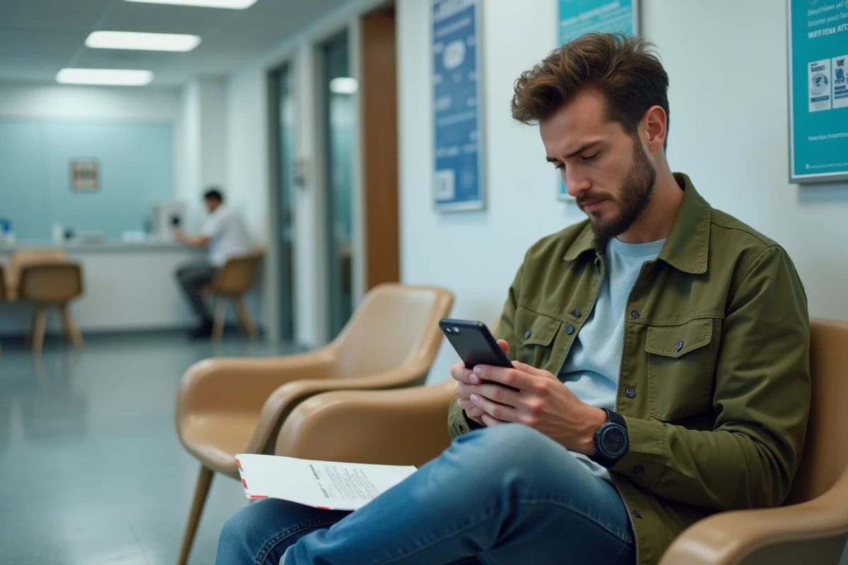 Jeune homme dans une salle d'attente médicale consultant une application de santé sur son téléphone pour accéder à Laboconnect