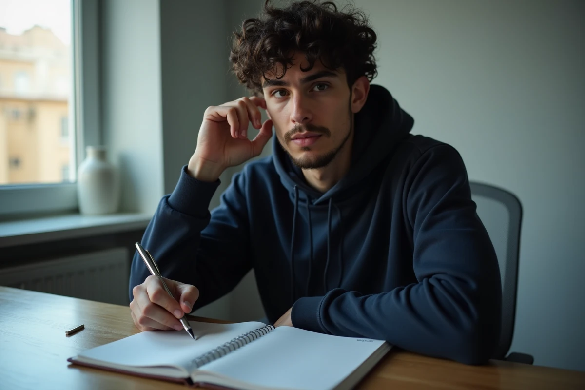Jeune homme distrait par un sifflement dans l'oreille gauche assis à son bureau, représentant les symptômes d'acouphène unilatéral gauche