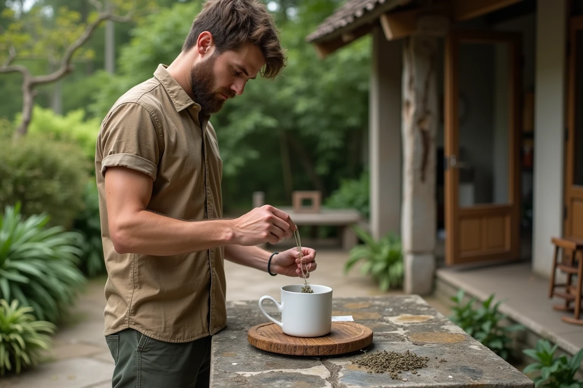 Jeune homme pr&eacute;parant une tisane de thym dans un jardin