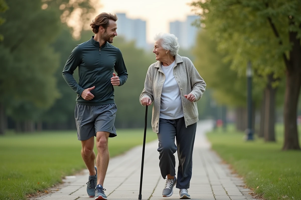 Jeune homme joggeur et femme agee dans parc urbain