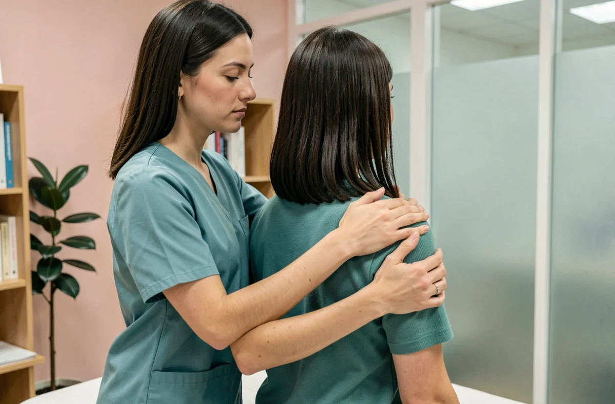 Julie Claudel, ostéopathe à Colmar, pratiquant un relâchement fascial sur le dos d'un patient assis