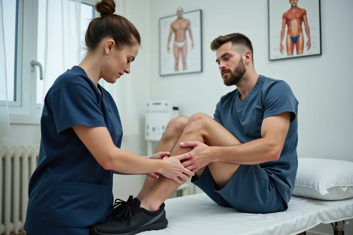 Kinésithérapeute massant le mollet d'un coureur blessé par une contracture musculaire lors d'une séance de rééducation