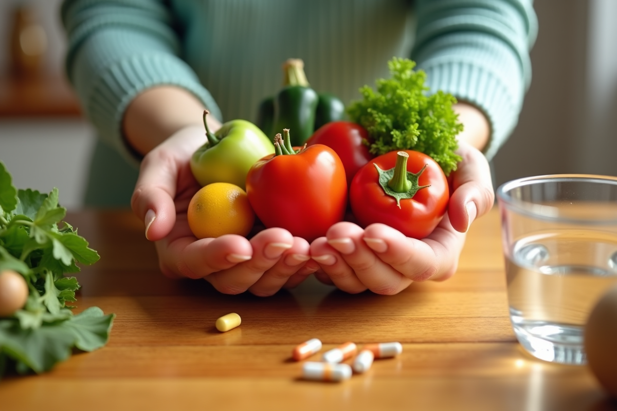 Mains tenant légumes frais vitamines et eau sur table en bois