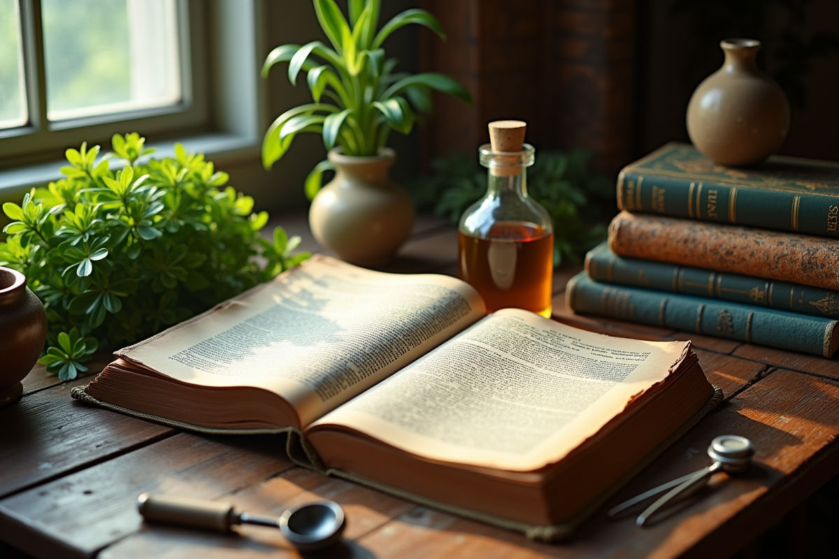 Livres médicaux anciens et remèdes à base de plantes sur une table en bois