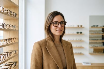 Femme élégante portant des lunettes tendance en acétate écaille dans une boutique de lunetterie design à Paris