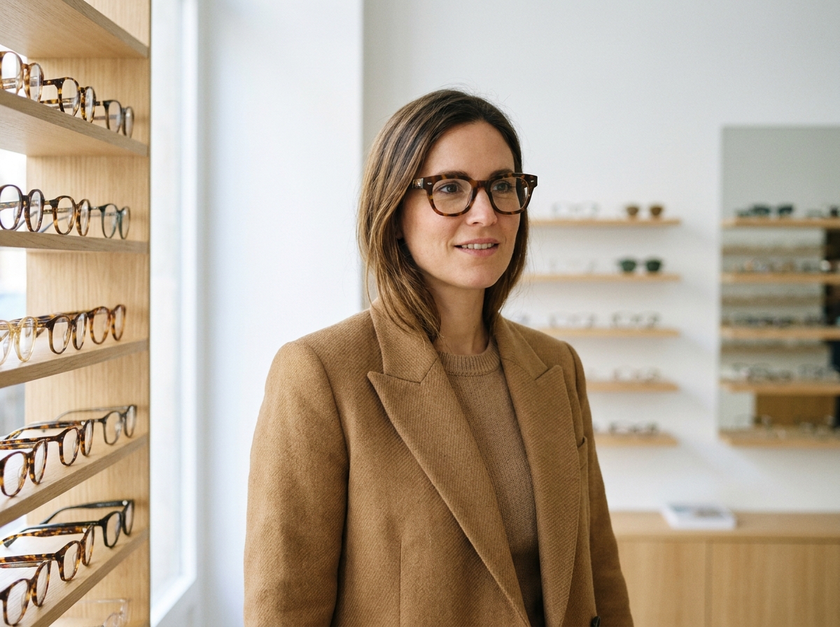 Femme élégante portant des lunettes tendance en acétate écaille dans une boutique de lunetterie design à Paris