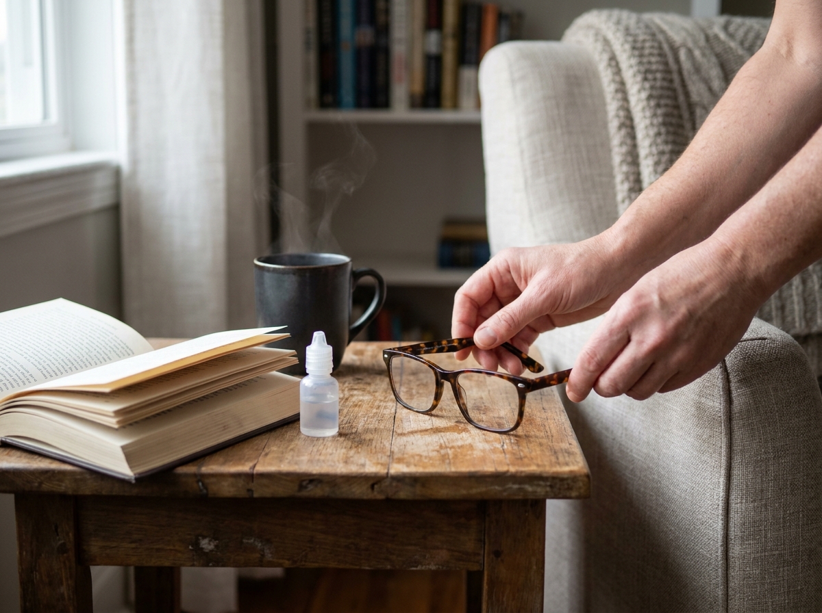 Lunettes de vue, livre ouvert et collyre posés sur une table basse, accessoires du quotidien liés à la santé oculaire après 40 ans