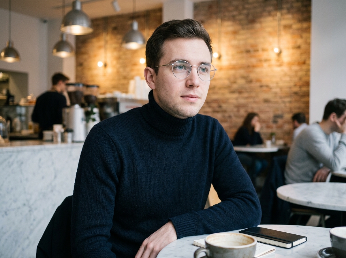 Homme stylé avec lunettes rondes à monture métallique fine dans un café urbain contemporain