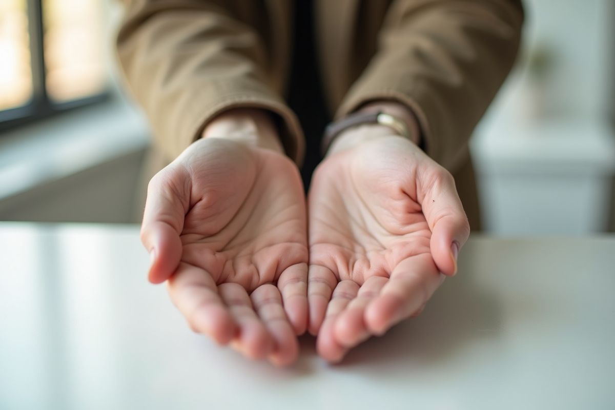 Deux mains posées sur une table avec peau lisse et moles visibles
