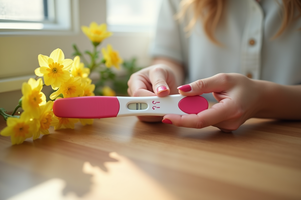 Mains tenant un test de grossesse négatif avec fleurs jaunes