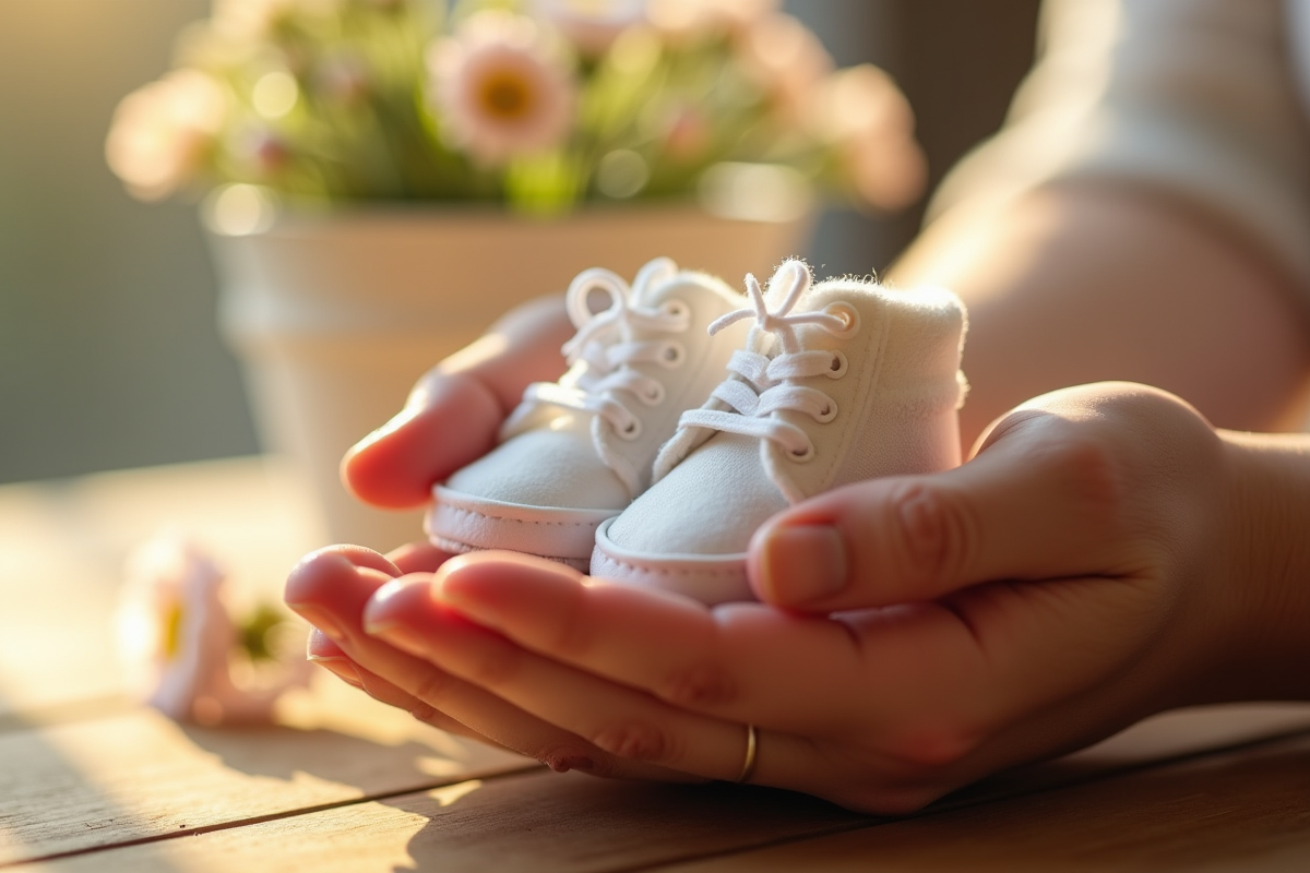 Mains tenant de petites chaussettes blanches sur une table en bois