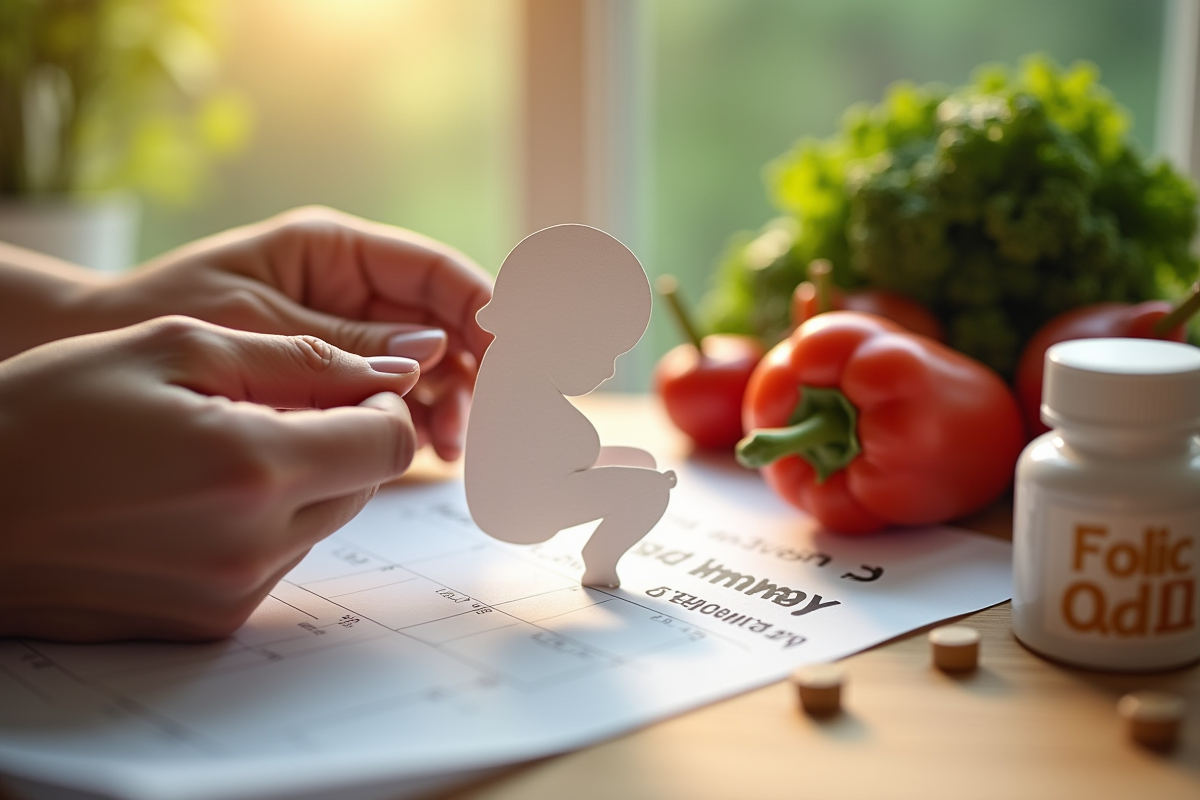 Mains tenant un dessin de fetus sur calendrier avec légumes et comprimés